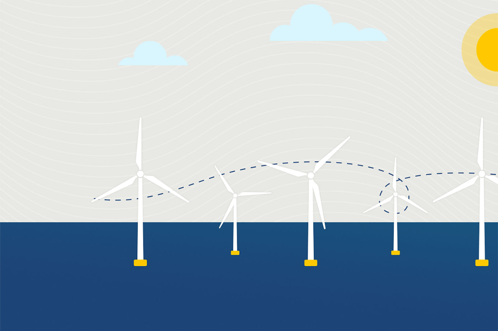 Eine Windkraftanlage steht im Meer, umgeben von Wasser und Himmel. Die Sonnenstrahlen spiegeln sich auf der Wasseroberfläche.