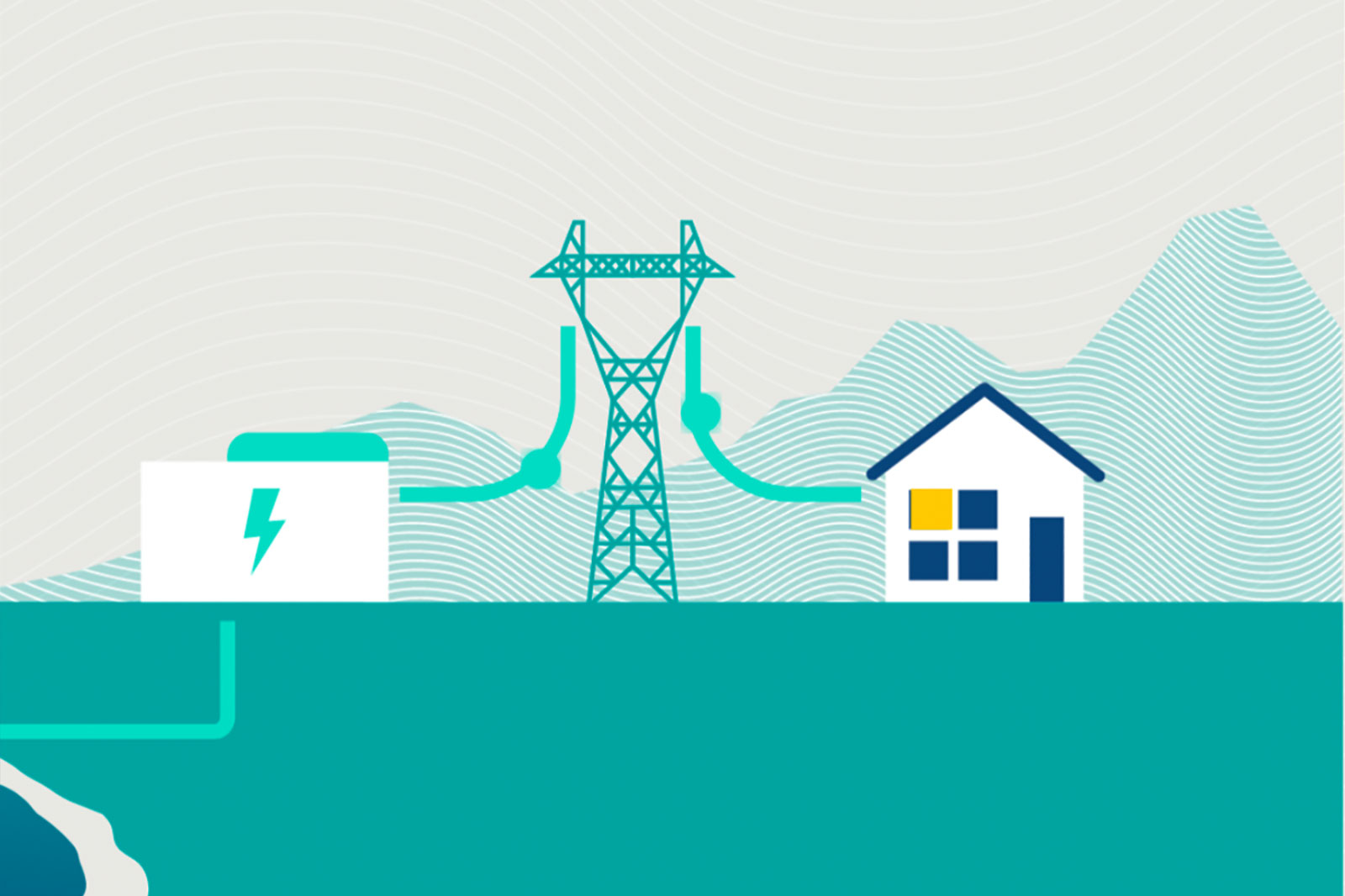 Eine grafische Darstellung eines Hauses, eines Strommasten und eines Batteriespeichers, die elektrisch verbunden sind.