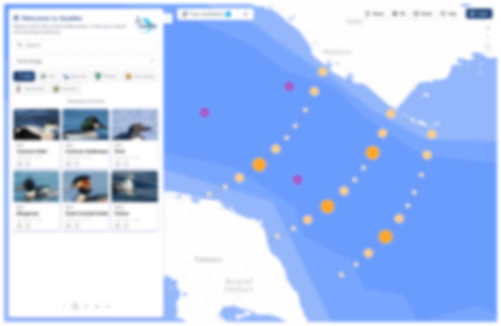 An interactive map featuring blue waters, colourful dots, and a gallery of seabirds on the left side.
